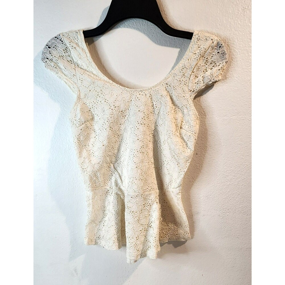Poetry Ivory Floral Lace Peplum Top-Bow Back Cut-Out-Stretch Lace Cap Sleeve SzM